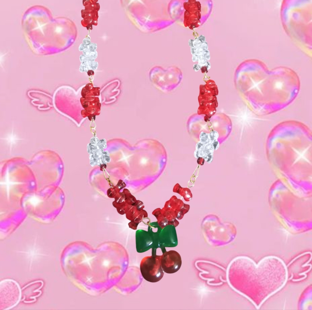 Cherry Beaded Necklace with Green Bow coquette style